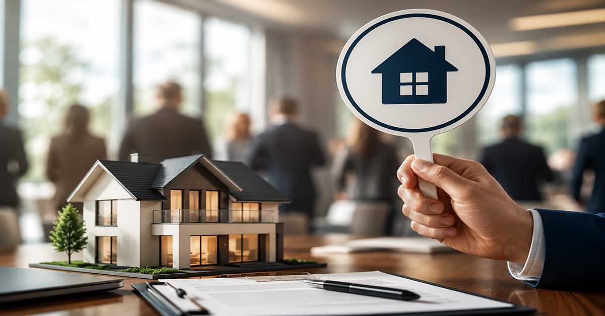 Immobilienmodell und Hand mit Haussymbol stehen für ein Bieterverfahren beim Immobilienverkauf. I Bieterverfahren