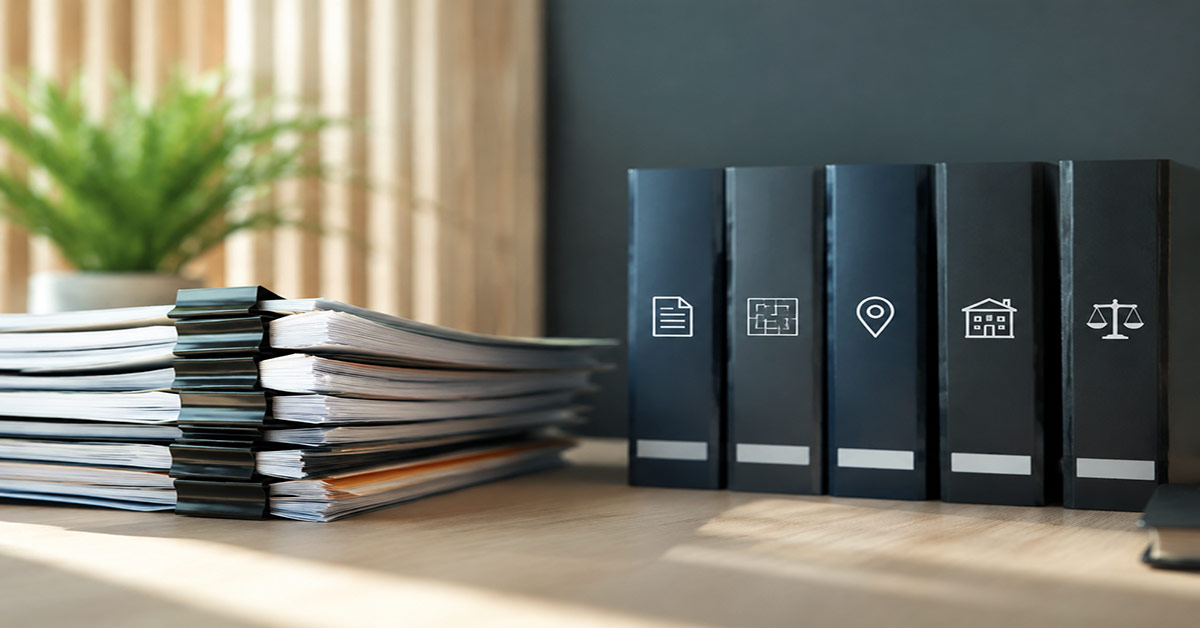 Dokumente beim Immobilienverkauf: Ordner und Unterlagen auf einem Schreibtisch symbolisieren die Vorbereitung und Verwaltung wichtiger Immobilienverkaufsdokumente. I Dokumente beim Immobilienverkauf