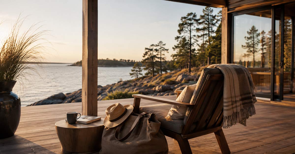 Sonnige Terrasse einer Ferienimmobilie am Wasser mit Sessel, Decke, Reisetasche und Blick auf eine bewaldete Küste I Ferienimmobilie