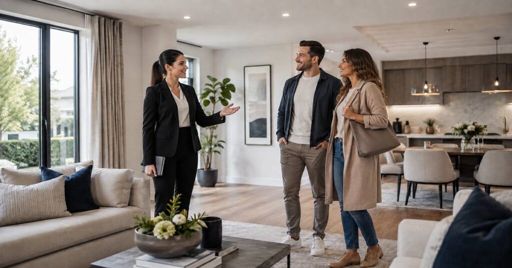 Immobilienmaklerin führt ein Paar durch ein modernes, helles Wohnzimmer – Symbolbild zum Thema professionelles Besichtigungsmanagement bei Immobilien.