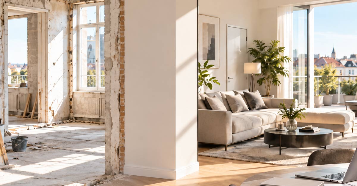 Gegenüberstellung einer renovierungsbedürftigen Wohnung und eines modernisierten Wohnbereichs als Darstellung des Fix-and-Flip-Prinzips.