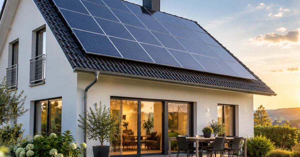 Modernes Einfamilienhaus mit Photovoltaikanlage auf dem Dach als Beispiel für den Einfluss von Solarenergie auf den Immobilienwert.